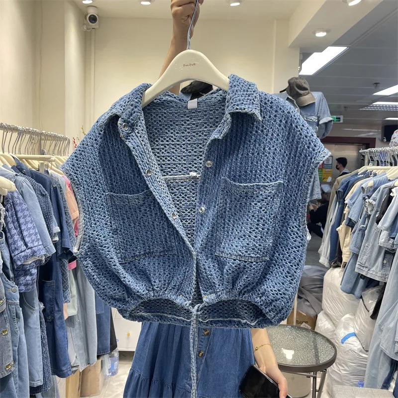Drawstring Waistcoat Jean Jacket Jaqueta Feminina Short Sleeve Denim Coat Chaqueta Mujer Women Crop Shirt Korean Tops Y2k Vest 250728