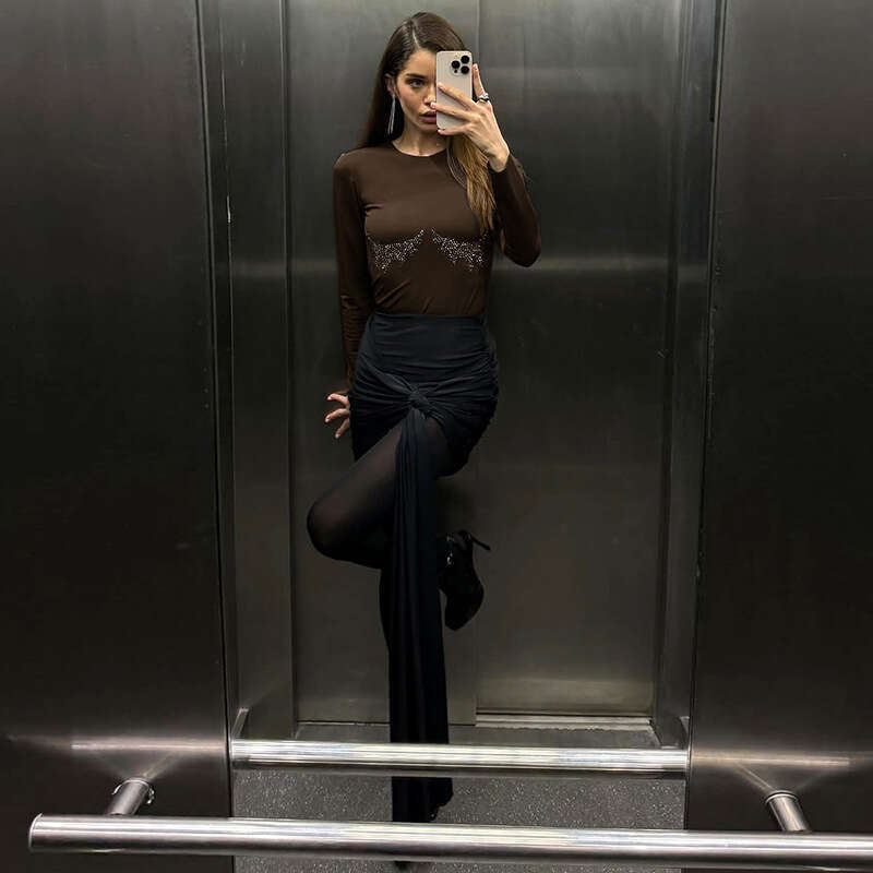 Ytp248 Women's Summer And Autumn New Solid Color Rhinestone Sexy Long Sleeve T-Shirt Top For Women B5