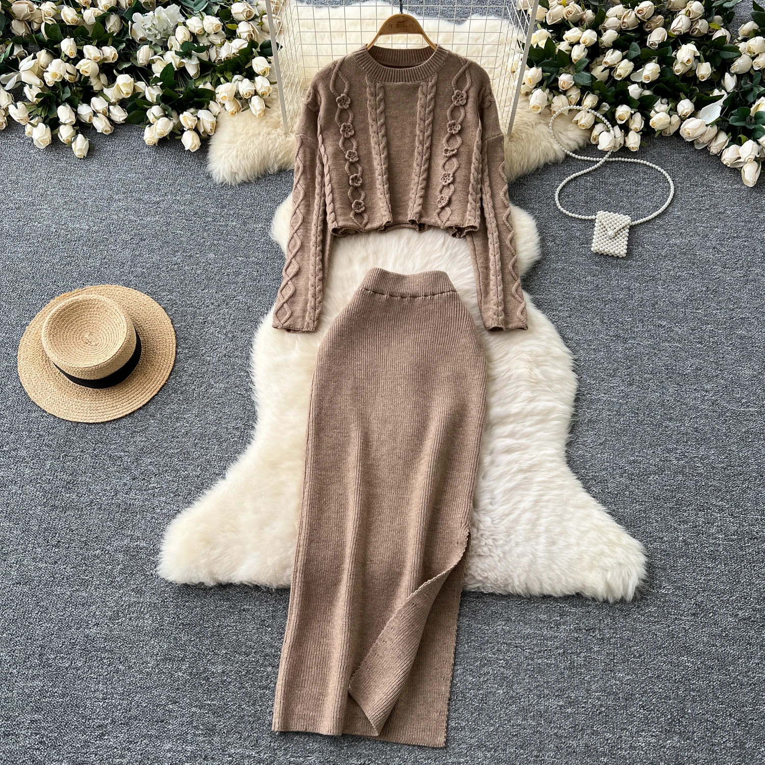 Chic vintage knit dress Elegant Fairy Korean fashion Sundress Beach womens clothing Two Piece Set 250728
