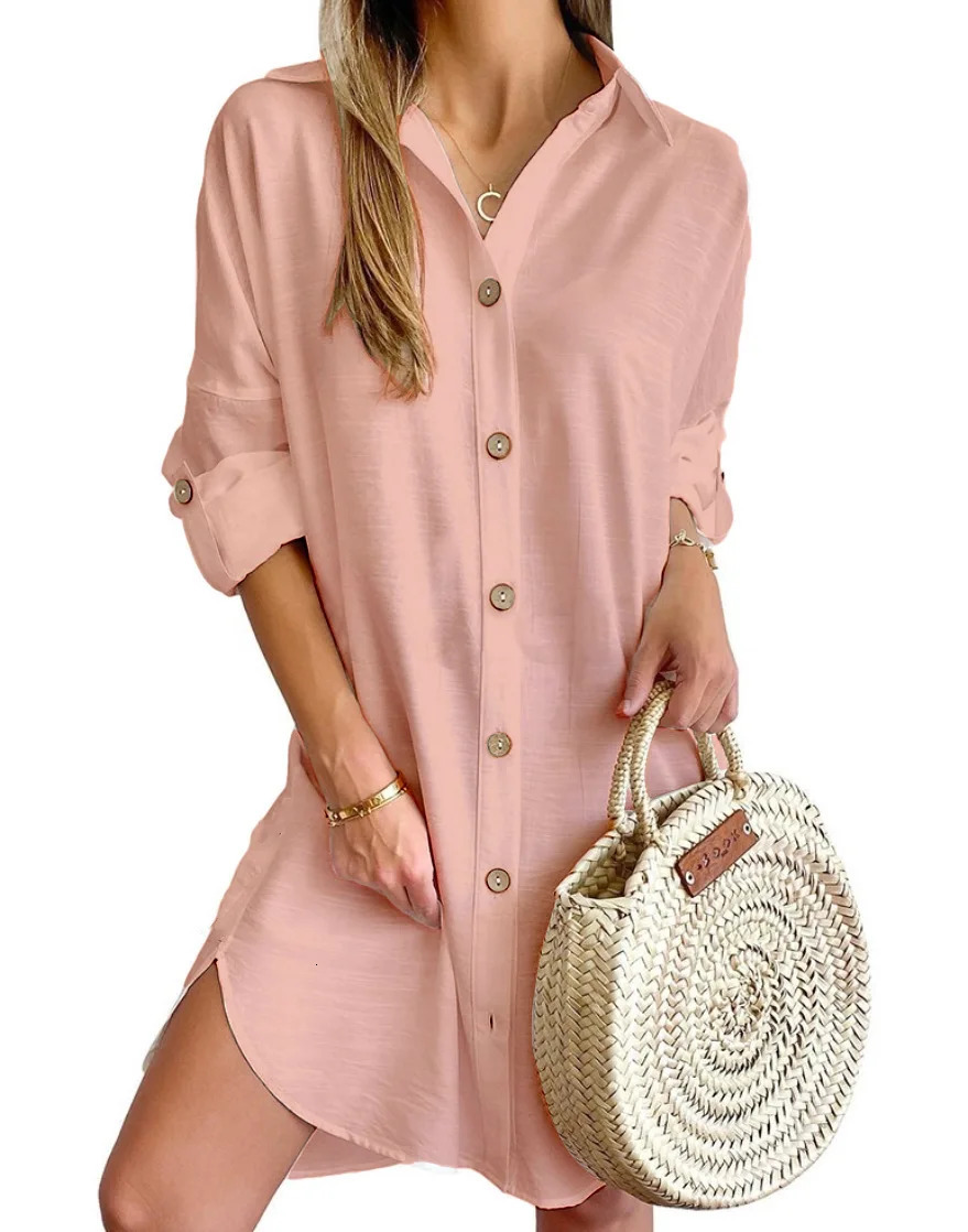 Elegant Womens White Spring and Autumn Casual Long Sleeve Lapel Button Up Shirt Dress Fashionable Woman Loose Mini Dress 250728