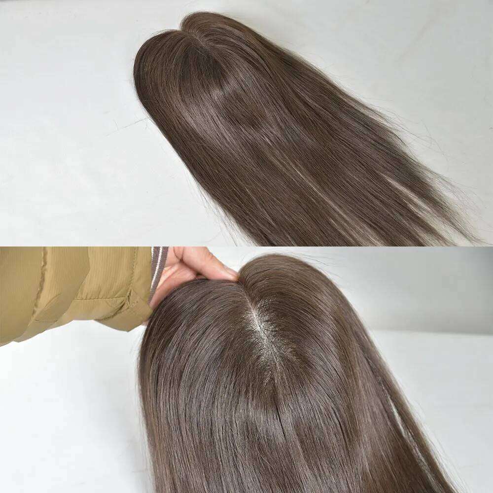 Topper Real Human Clip in Hair Hairpieces for Women No Bangs Top Base Mono Lace 4x6inch Brown Color 14inch