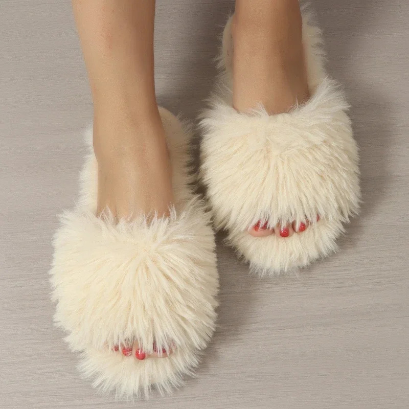 Womens Indoor Slippers 2025 Autumn and Winter Faux Fur Home Lazy Shoes Soft Sole Girls Fashion Warm Fluffy Slides 250724