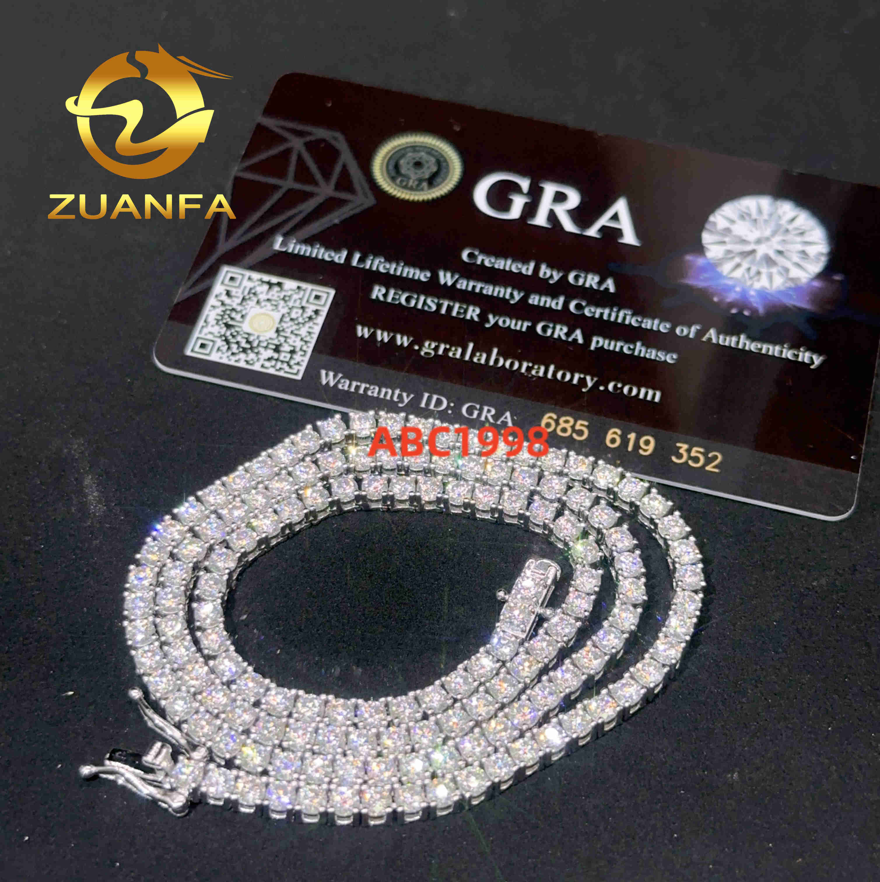 GRA Certified 3mm 925 Sterling Silver Vvs Tennis Chain D Color VVS Moissanite Diamond Tennis Chain Necklace for Men women
