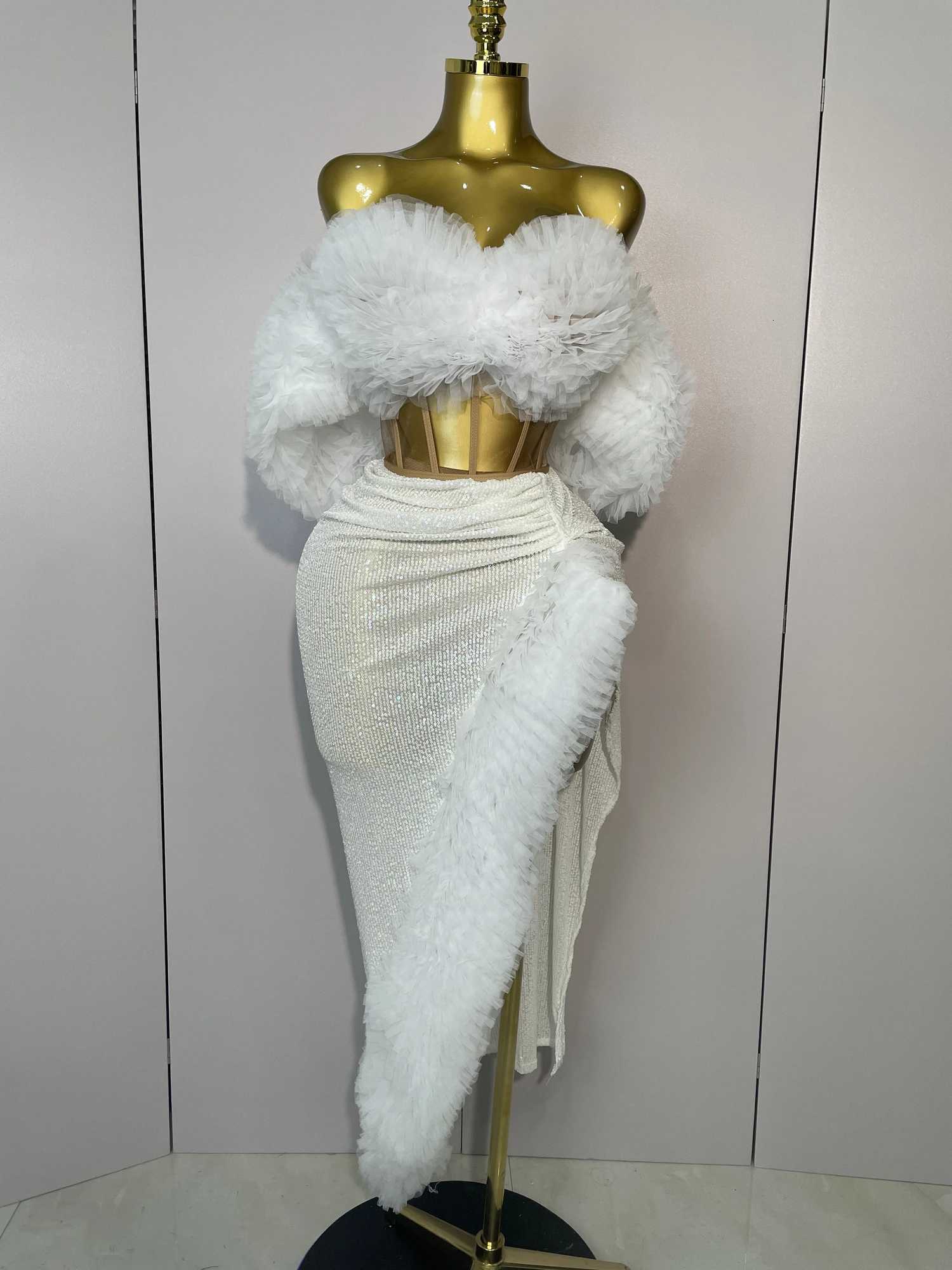 2025 Women White Sequins Top Short Skirt Two Pieces Set Sexy Celebrate Evening Prom Birthday Dress Nightclub Stage Outfit Z250728