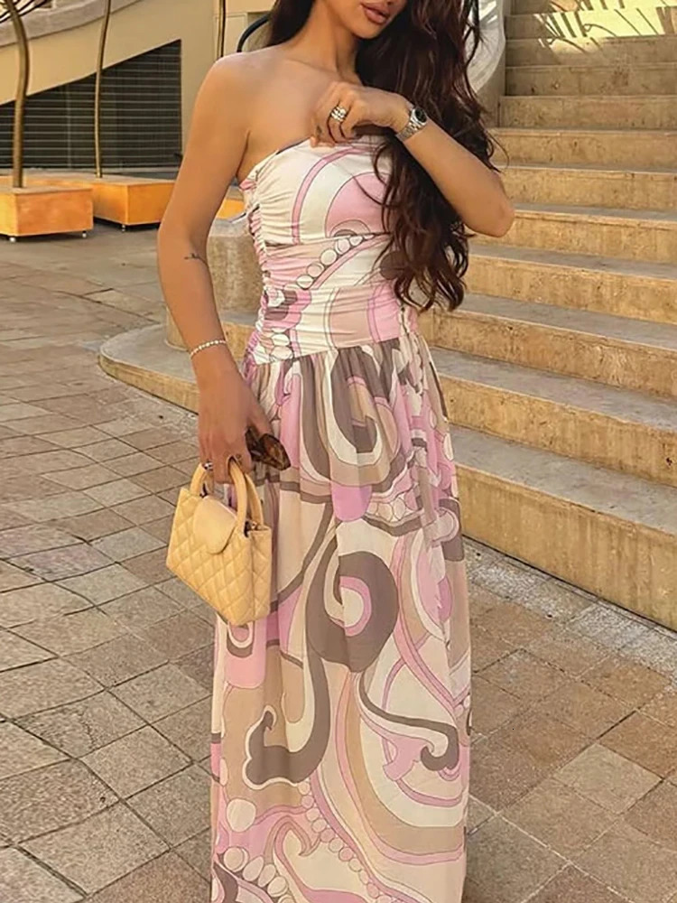 Sexy Strapless High Waisted Pleated Dress Casual Backless Hollow Summer Long Dresses Pink Pattern Printed Womens Evening Dress 250728