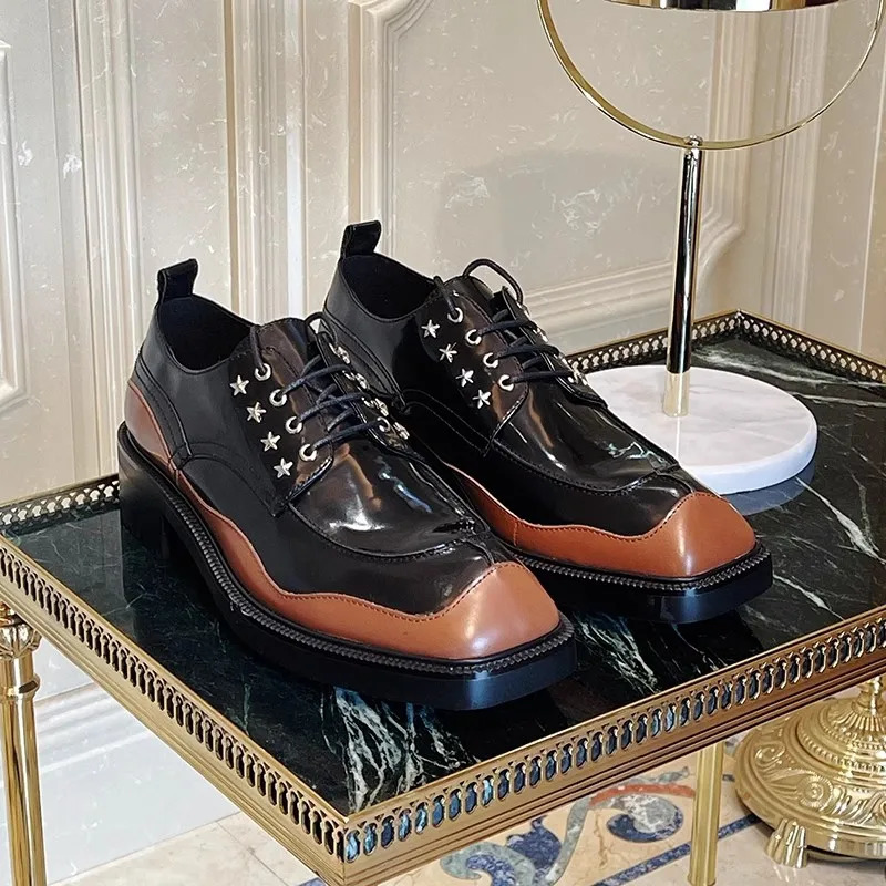 Genuine leather flat mens shoes autumn tie high-heeled thick-soled riveted leather shoes banquet formal large size men shoe 250723