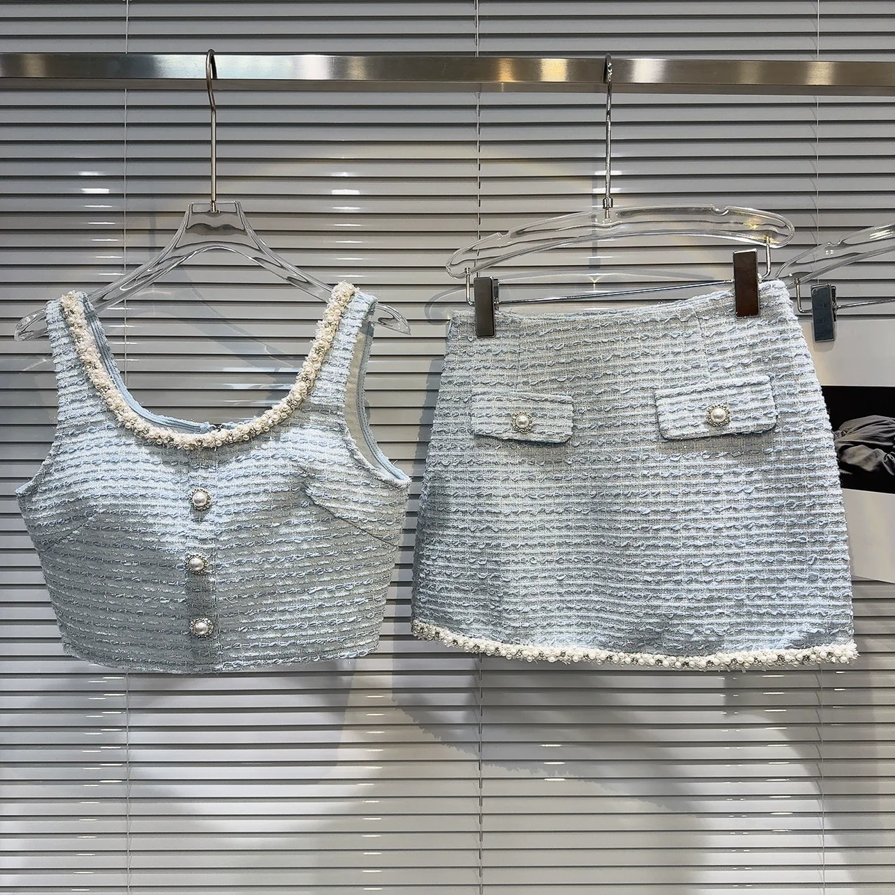 Womens Elegant Two Pieces Tweed Pearls Skirt Set Lady High Street Sexy O Neck Sleeveless Crop Tank Top Mini Skirt 250728
