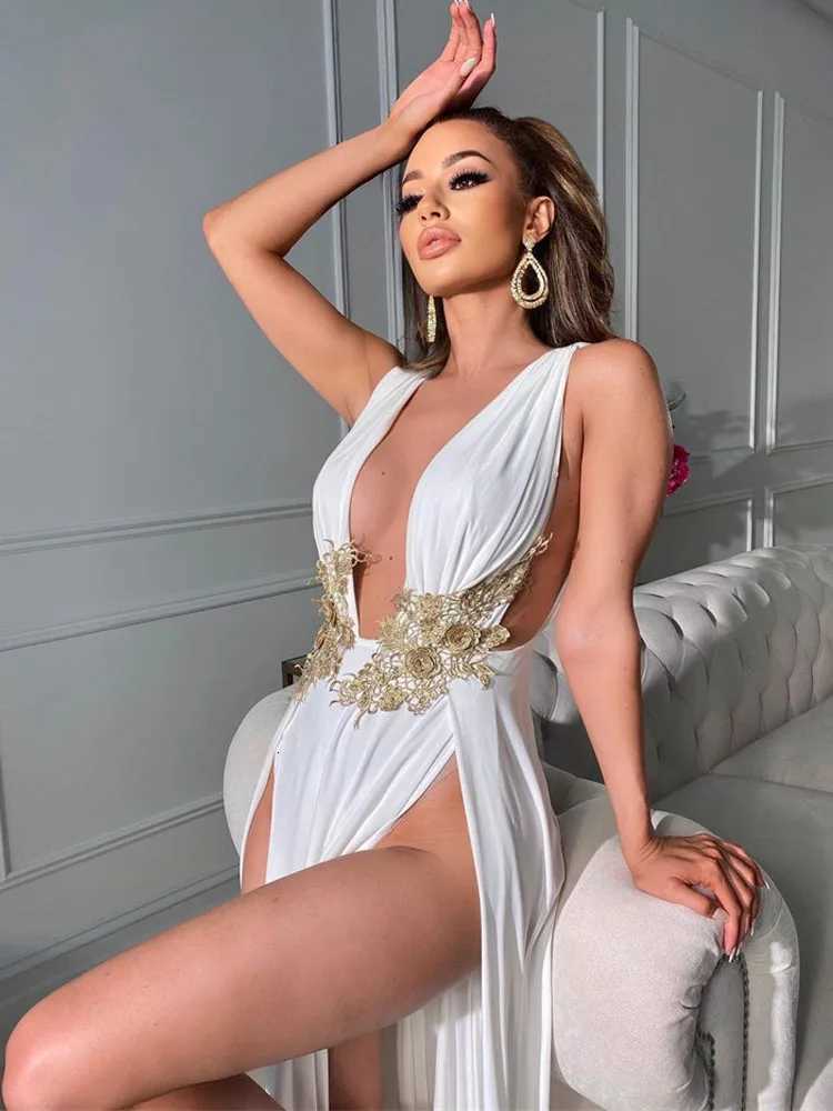 Sexy Deep V Neck High Split Evening Cocktail Maxi Dress for Women Backless Embroidery Beading Long Formal Wedding Party Dress Z250728