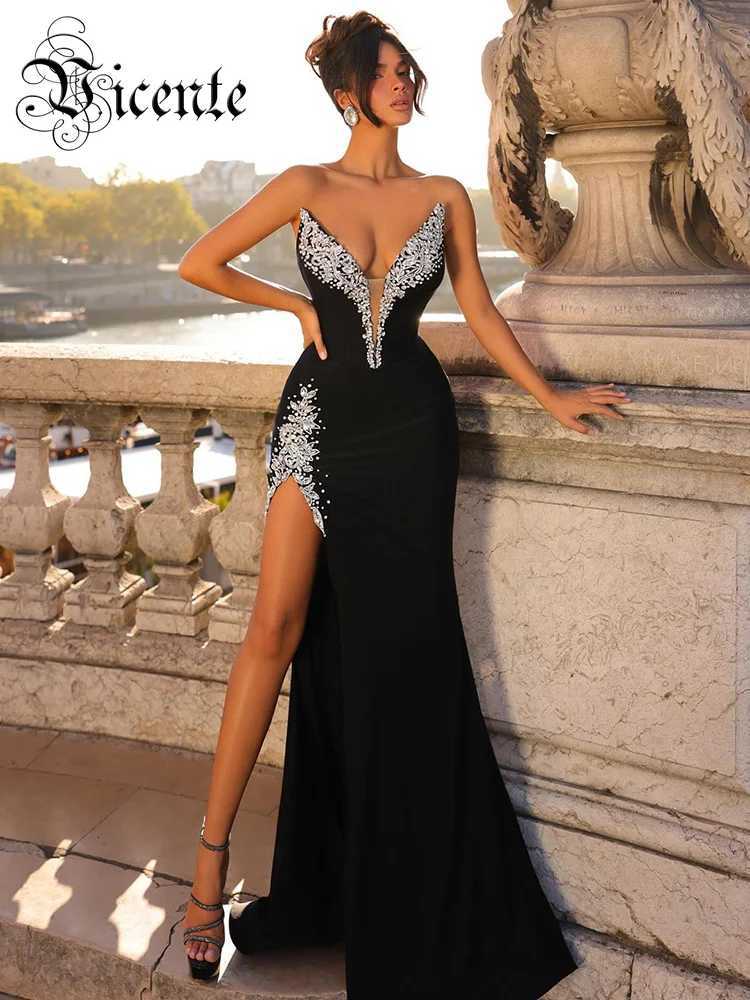 VC Long Dresses For Women Sexy Sleeveless High Split Maxi Gowns Celebrity Black Velvet With Crystal Female Clothing Z250728