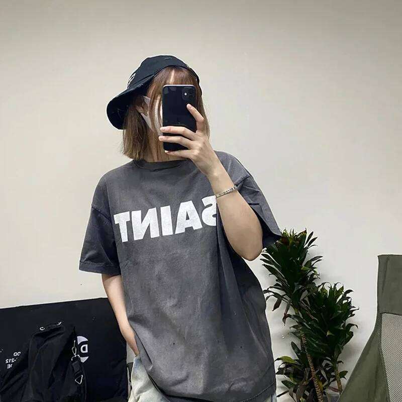 25SS Vintage Washed Black 100% Cotton T Shirt Men Women Casual Fashion Classic Letters Print Saint T-Shirt Oversized Tee
