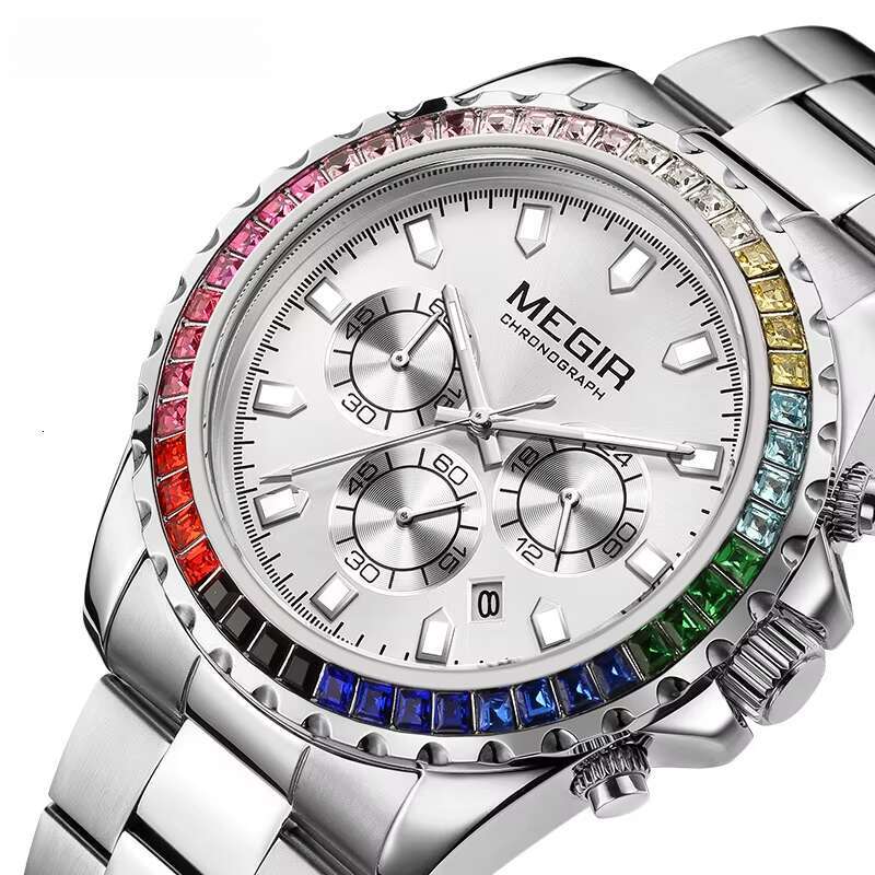 DHwatches MEGIR 2227G Men's Diamond Rainbow Bezel Watch - Waterproof, Luminous, Date, Stainless Steel, 46mm Fashion Quartz Watch