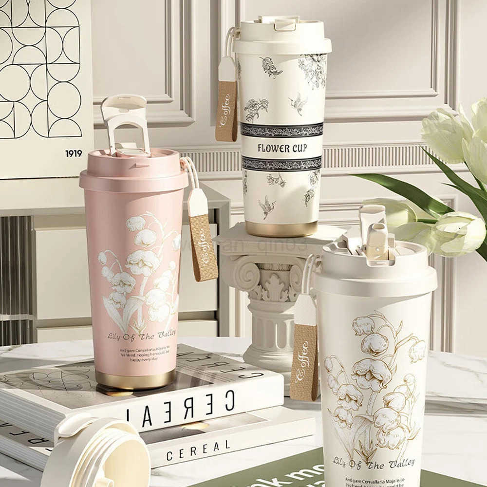 1pc 500ml Travel Leak-proof Coffee Cup with Straw Stainless Steel Vacuum Insulated Bottle Cup Portable Straw Cup Thermos Cup T250728