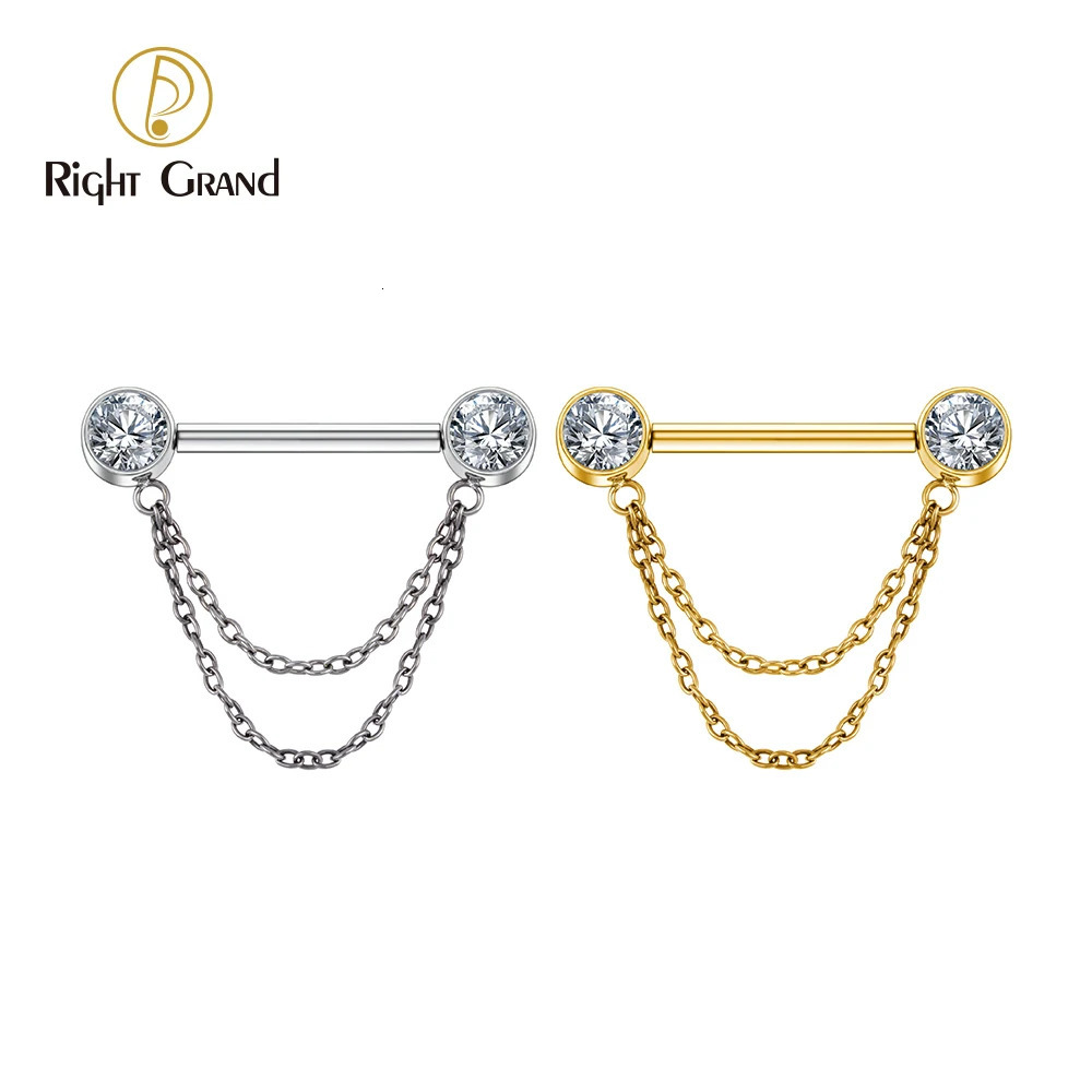 Right Grand ASTM 36 Double Chain Dangle Sparkle CZ Threadless Nipple Ring 14 Gauge Barbell Piercing 250722
