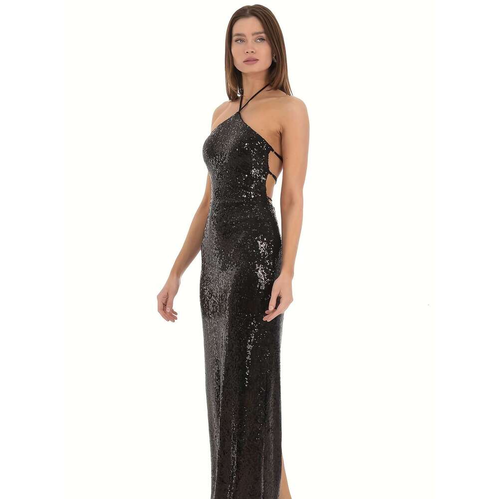 Evening Party Elegant French-Inspired Halter Neck Sequin Gown - Sleeveless, Bodycon Mermaid with Sparkling Details, Perfect for Spring/Summer Adult Wo