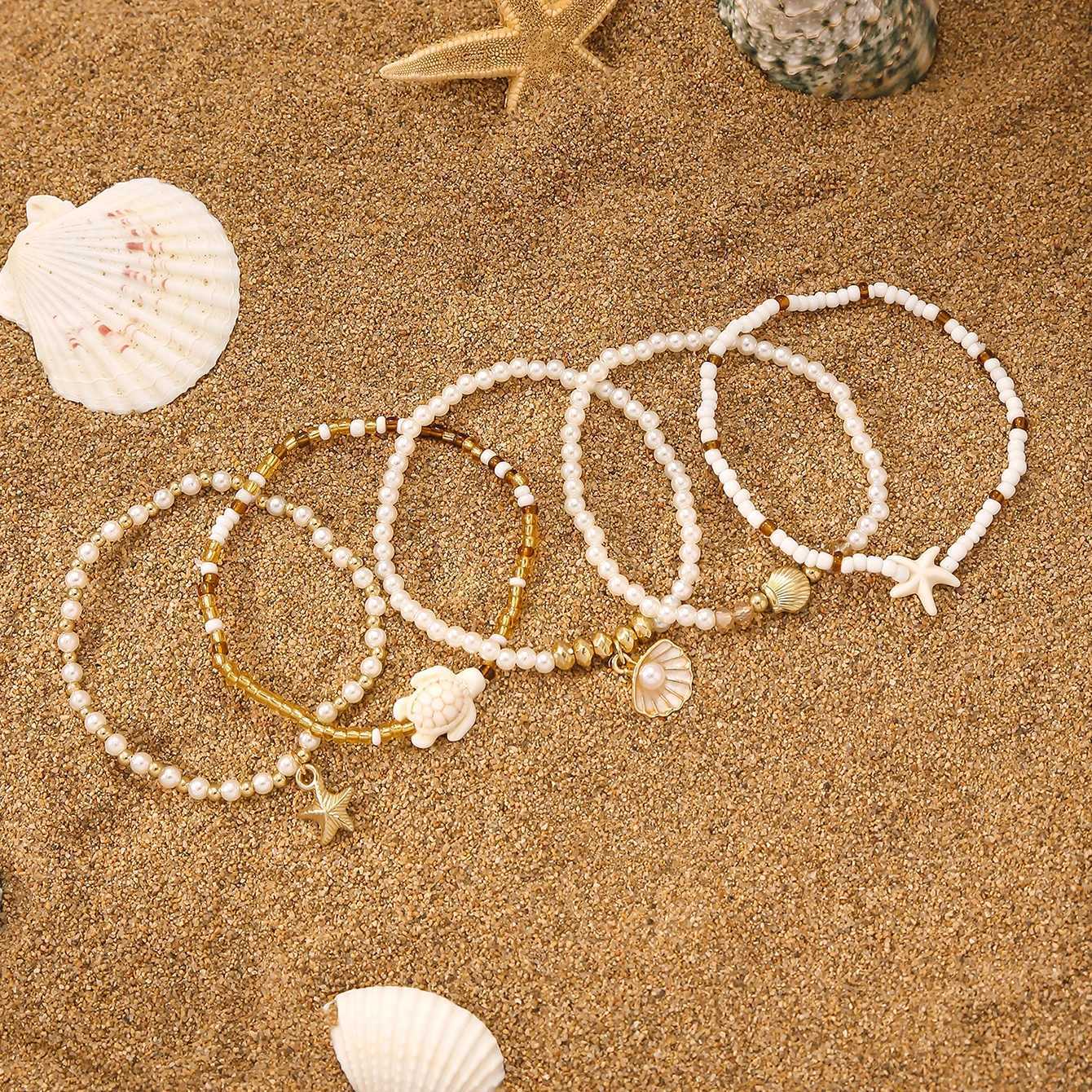 Elegant Multi-layer Imitation Pearl Bracelet Starfish Shell Turtle Pendant Bracelet for Womens Summer Party Dating Jewelry W250728