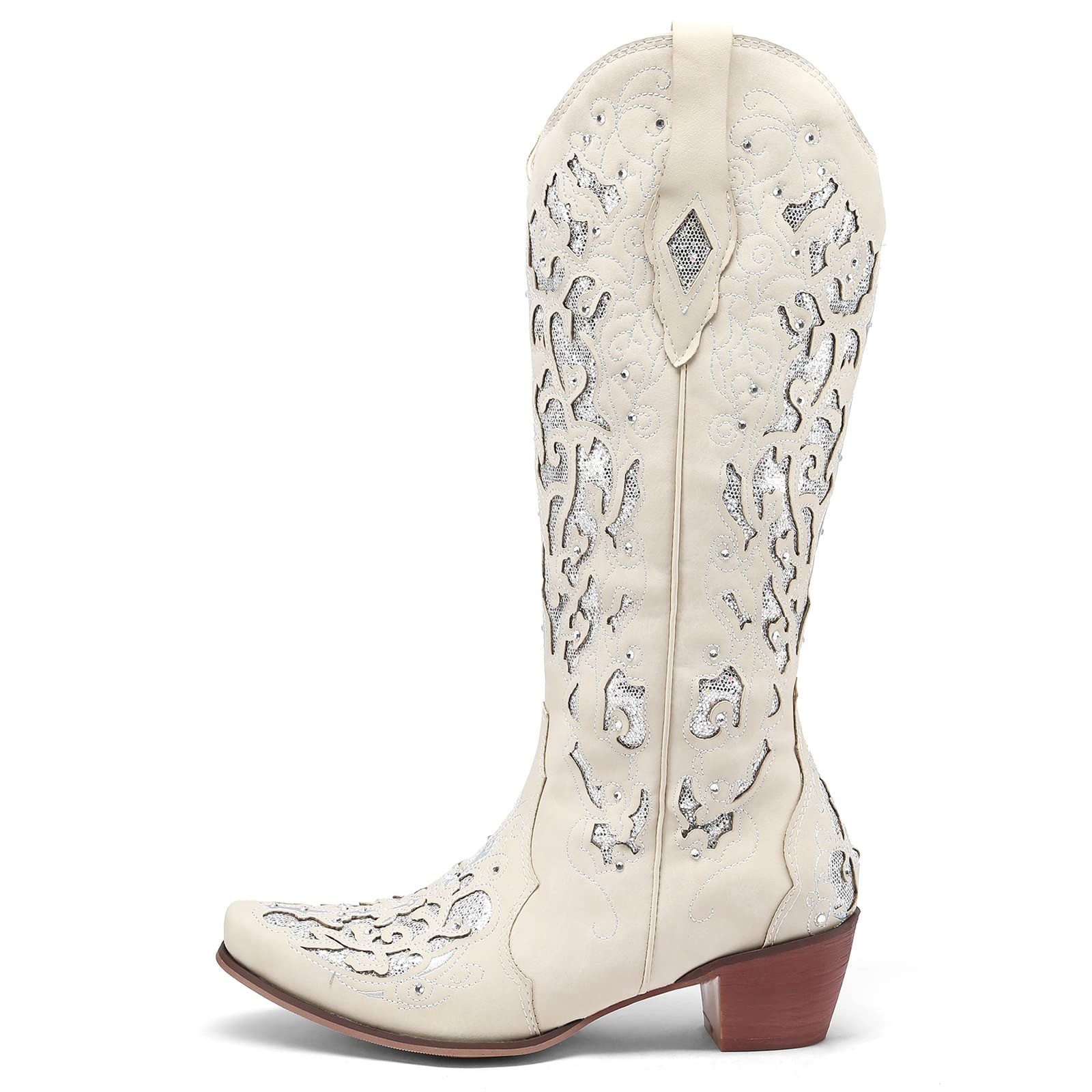 ARQA Cowboy Boots for Women Wide Calf Western Knee High Boots with Rhinestone Chunky Heel Embroidered Cowgirl Boots