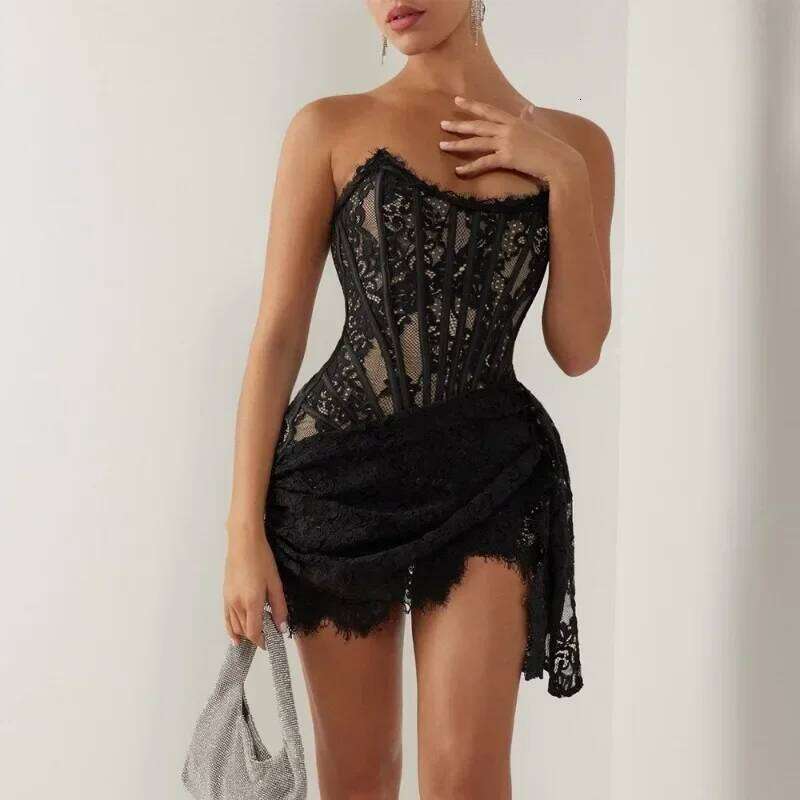 Designer Clothing 2025 Talenza Women's Sexy Solid Color Sheer Patchwork High Waist Lace Elegant Printed Strapless Slim Evening Dress