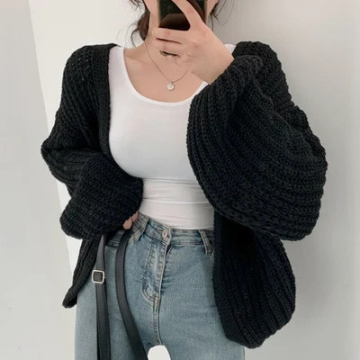Vintage Harajuku Lantern Sleeve Women Cardigan Sweater Casual Korean Fall Streetwear Tops Coat Chic Lazy Wind Y2K Sweater 250728