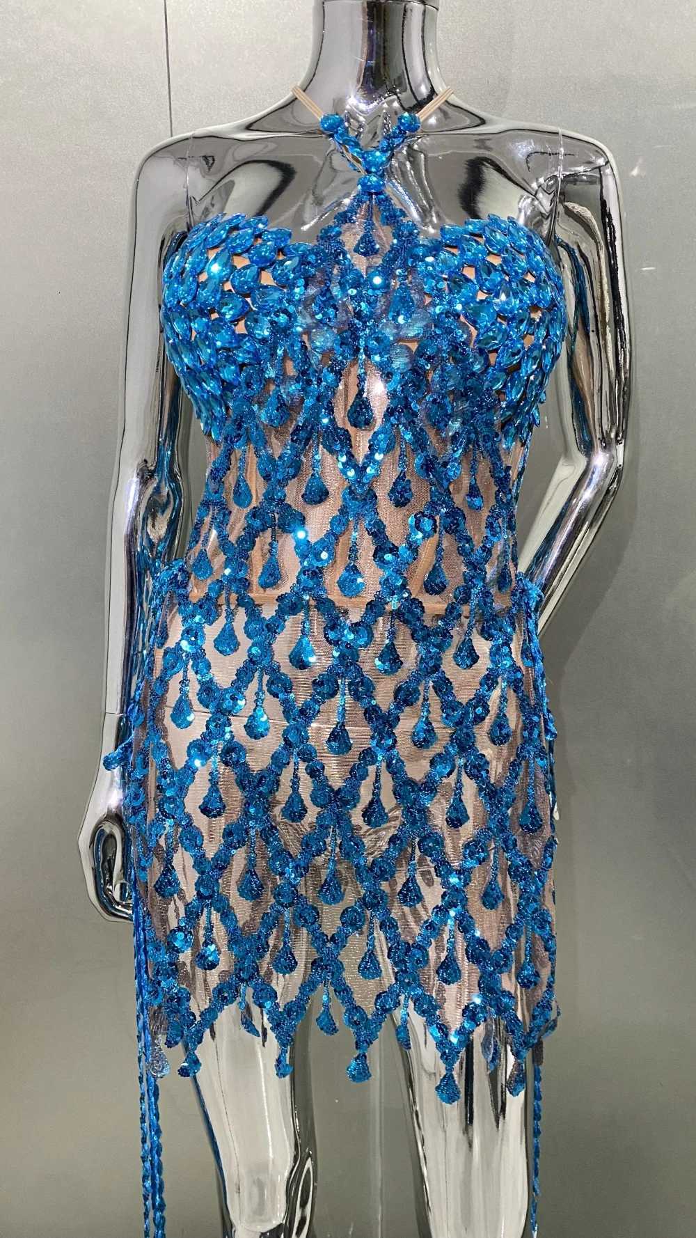 Blue Sequins Shining Long Tassel SLeeveless Mini Dress 2 Pieces BirTHday Party Outfit Performances CoStume Z250728
