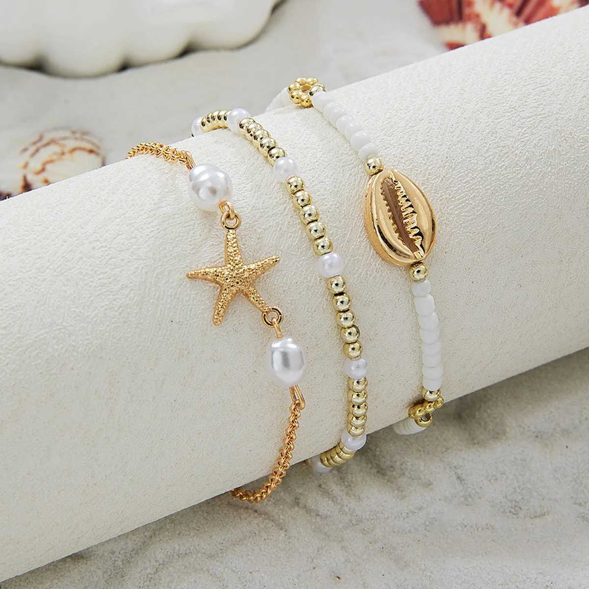 3Pcs Summer Shell Bracelet Set for Women Bohemia Starfish Charm Pearl Seed Beads Chain Bangle Female Beach Vacation Jewelry Gift W250728