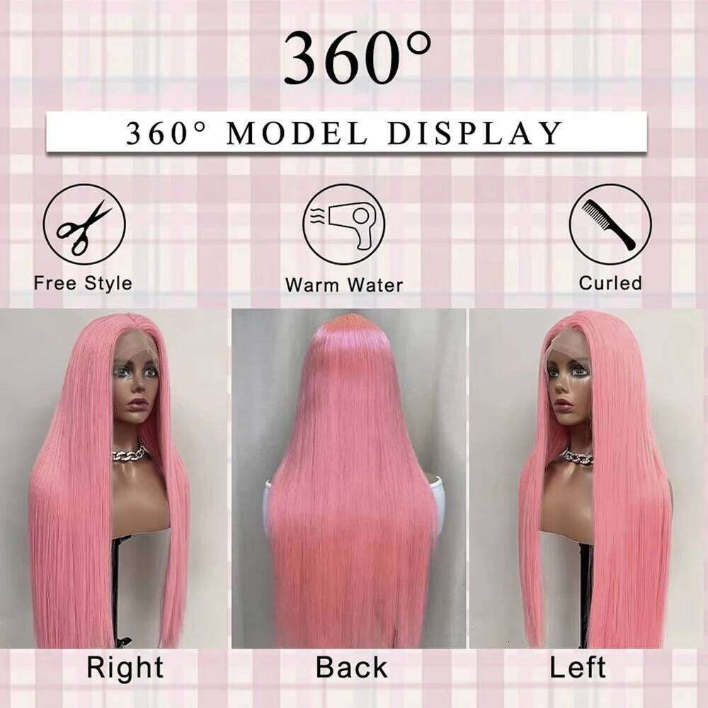 Light Pink Lace Front For Women Heat Resistant Fiber Long Straight Synthetic Hair Wigs For Daily Party Cosplay Use