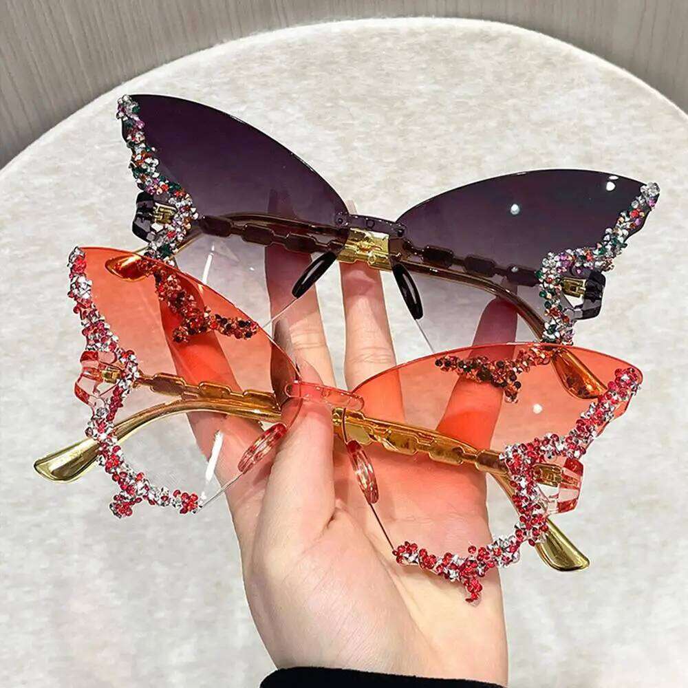 Rhinestone Butterfly Shaped Sunglasses Women Party Traveling Fashion Bling Dia Gradient Eyewear Cat Eye Shades Sun Glasses
