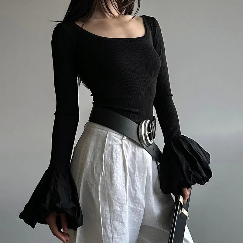 Black Sexy Women Tshirt Autumn Streetwear Long Sleeves Oneck Casual Slim Fashion Puff Sleeve Tees Off Shoulder Female Tees 250728