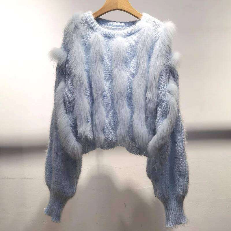 Real Fox Stripe Knitted Short Pullover Sweater Long Sleeve O-Neck Women Pull Jumpers Female Fur Trim Sweaters