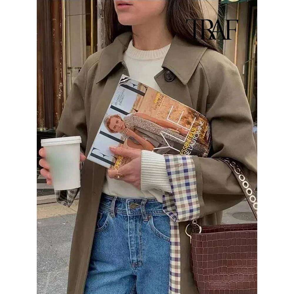 TRAF Women's Fashion Long Trench Retro Loose Single-Breasted Autumn And Winter Lapel High Street Temperament Coat