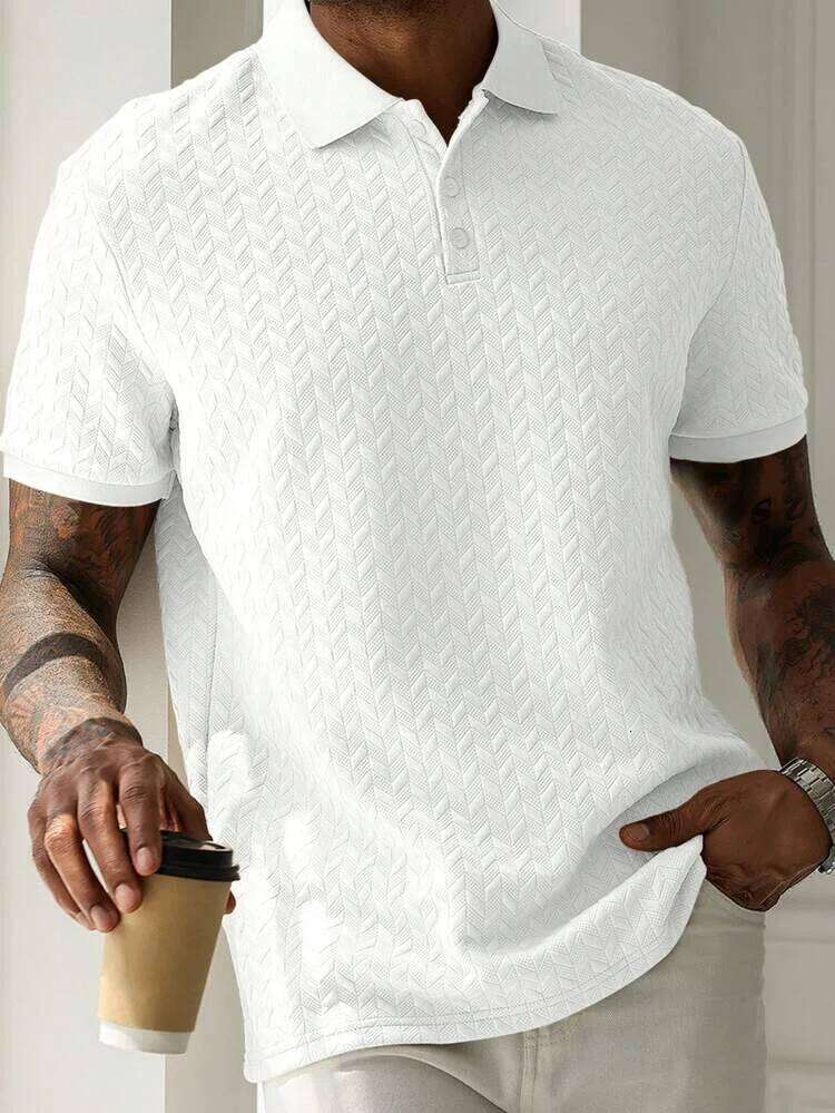 jacquard polo solid color lapel short-sleeved polyester blended spring and autumn sports casual clothes are hot Men's wear