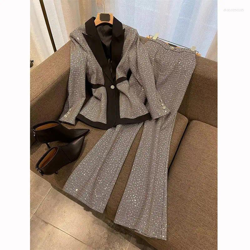 Women's Two Piece Pants Xgoth High End Slim Sequins Luxurious Design Professional Outfits Suit Waist Flare Suits Women Clothing Set