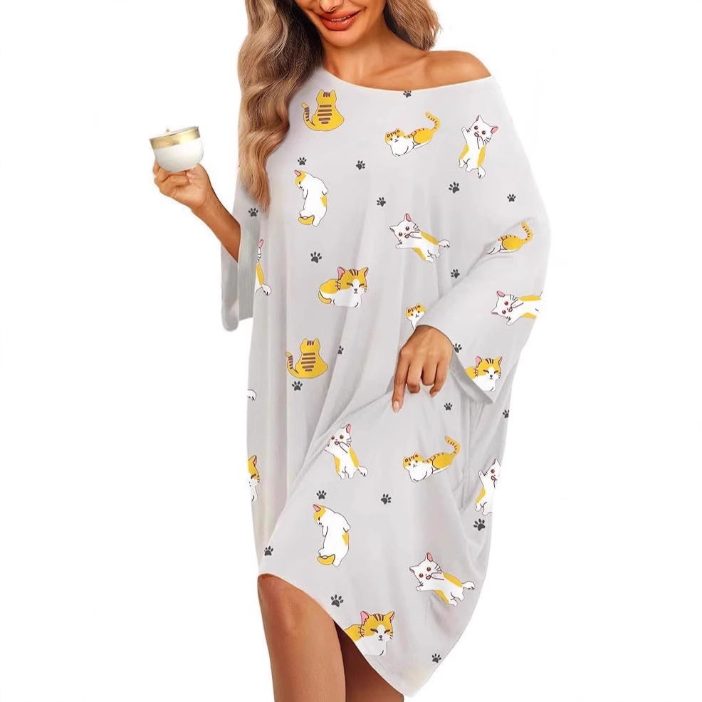 B995-Plus Size Women's Nightgown Home Clothes T-shirt Short Sleeve Printed Pajamas Nightdress with Pockets