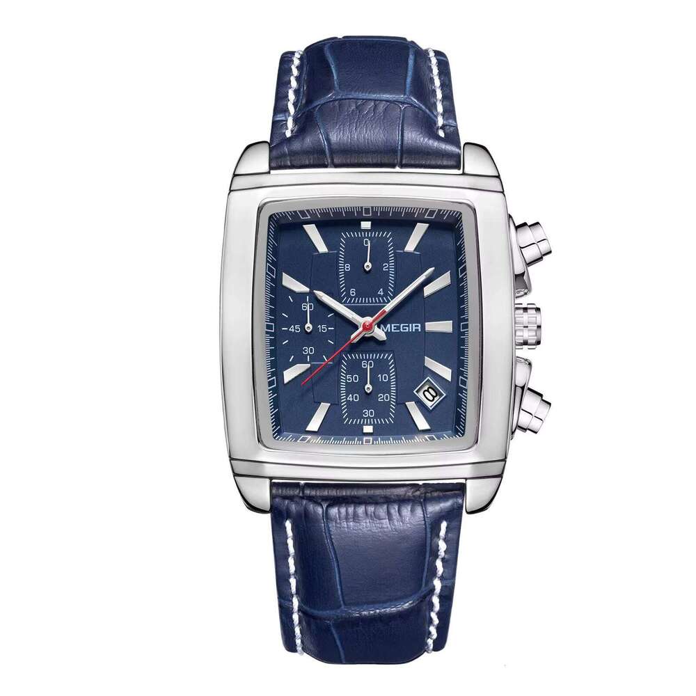 DHwatches MEGIR 2028 Men's Square Chronograph Watch - 39mm Leather Strap, Luminous, Waterproof 30M, Date, Business Quartz Watch