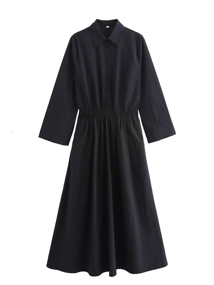 Womens Clothing Fashion Solid Color Temperament Waist Midi Long Shirt Style Side Pocket Dress 250728