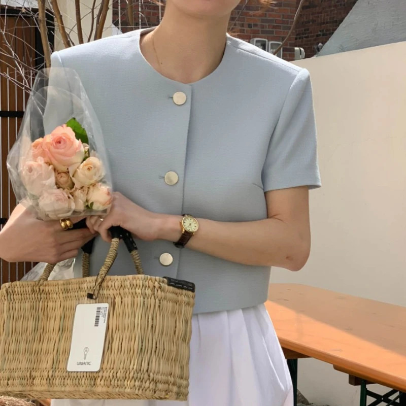 REALEFT Spring Summer Elegant Womens Jackets Short Sleeve Korean Oneck Single Breasted Solid Outerwear Female 250728