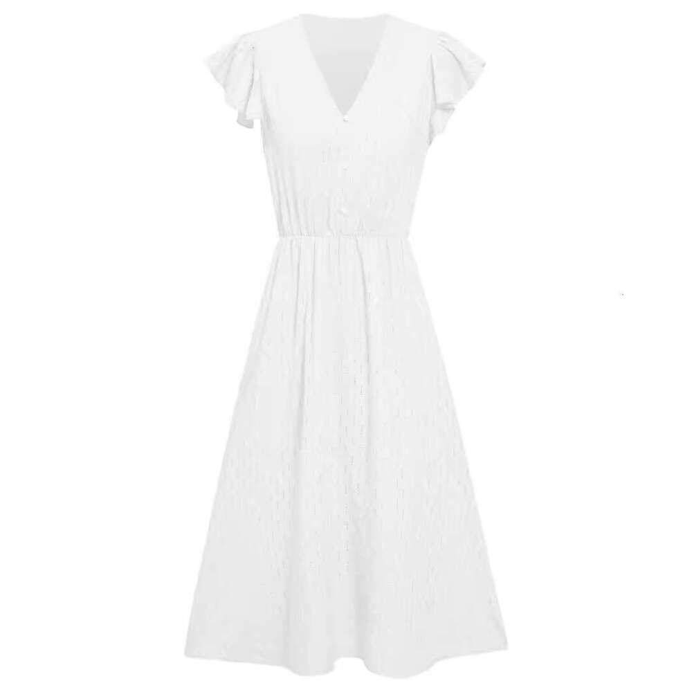 2025 Summer New Casual Women's Fashion European and American Solid Color V-neck Waist-cinching Fresh Style Dress for Women