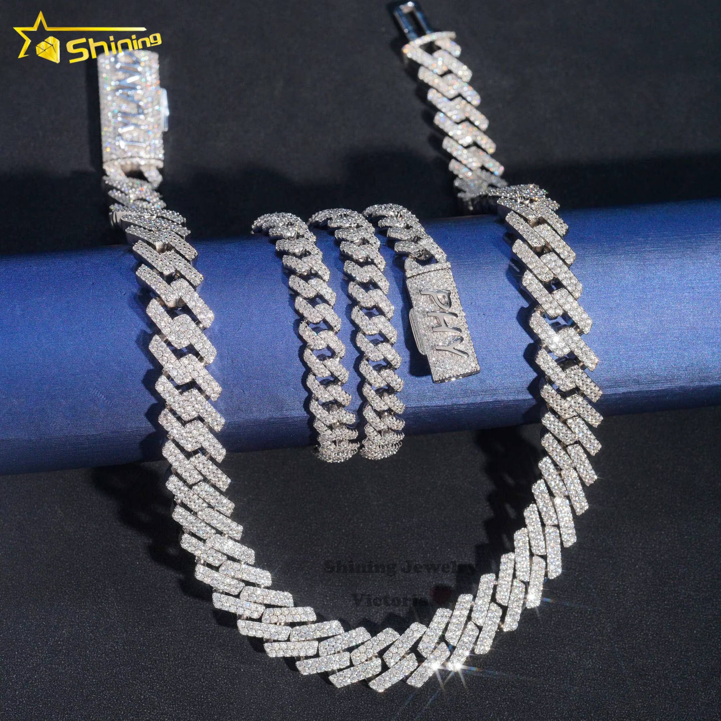 Wholesale Price Popular Pass Diamond Tester 925 Silver 10mm 15mm Two Rows Iced Out Hip Hop Moissanite Diamond Cuban Link Chain