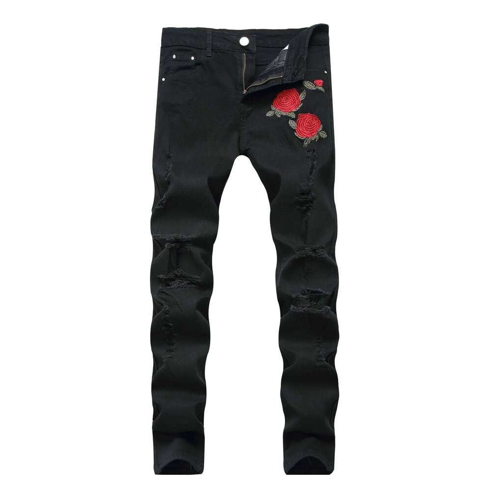 European And American Men's Casual Jeans With Embroidered Roses, Fashionable Ripped, Slim-Fit, Stretch, Ankle-Length Trousers