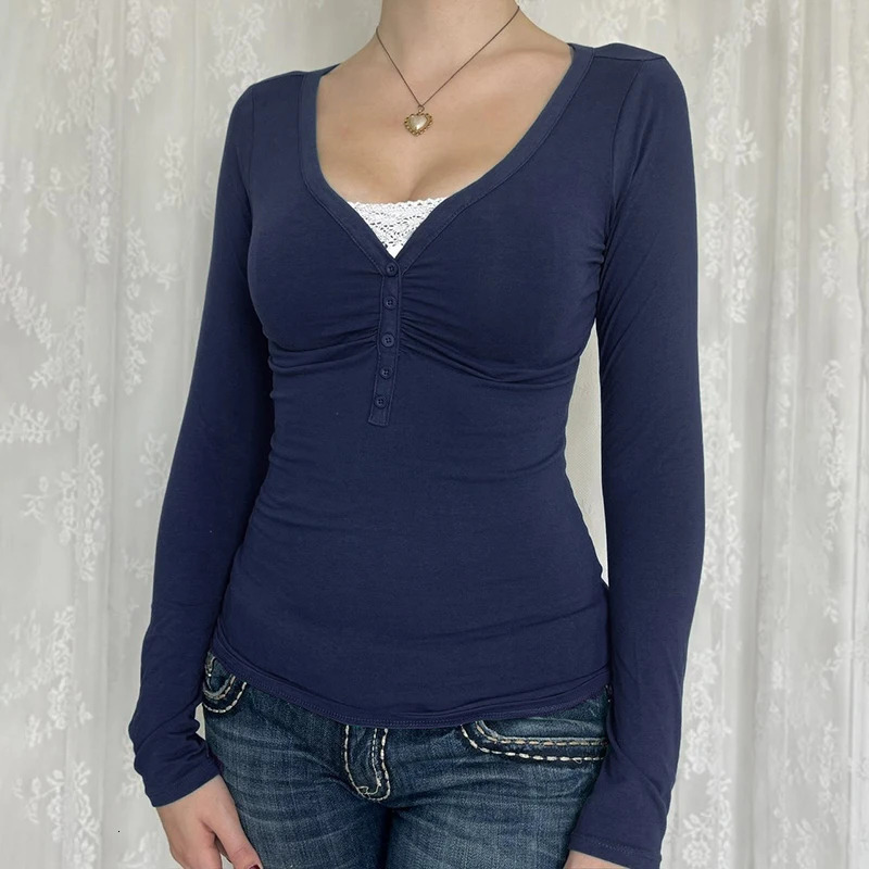 2000s Aesthetic Spring Patchwork Twopiece Tshirt Vintage Stitching Button Crop Top Women Y2k Full Sleeve T Shirts 250728