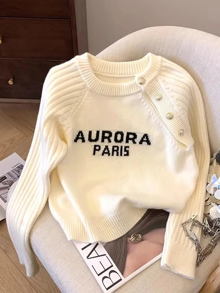 Jmprs Women Casual Letter Sweaters Loose Long Sleeve Korean Knitted Pullovers Vintage O Neck Button n Cute Sweet Tops 250728