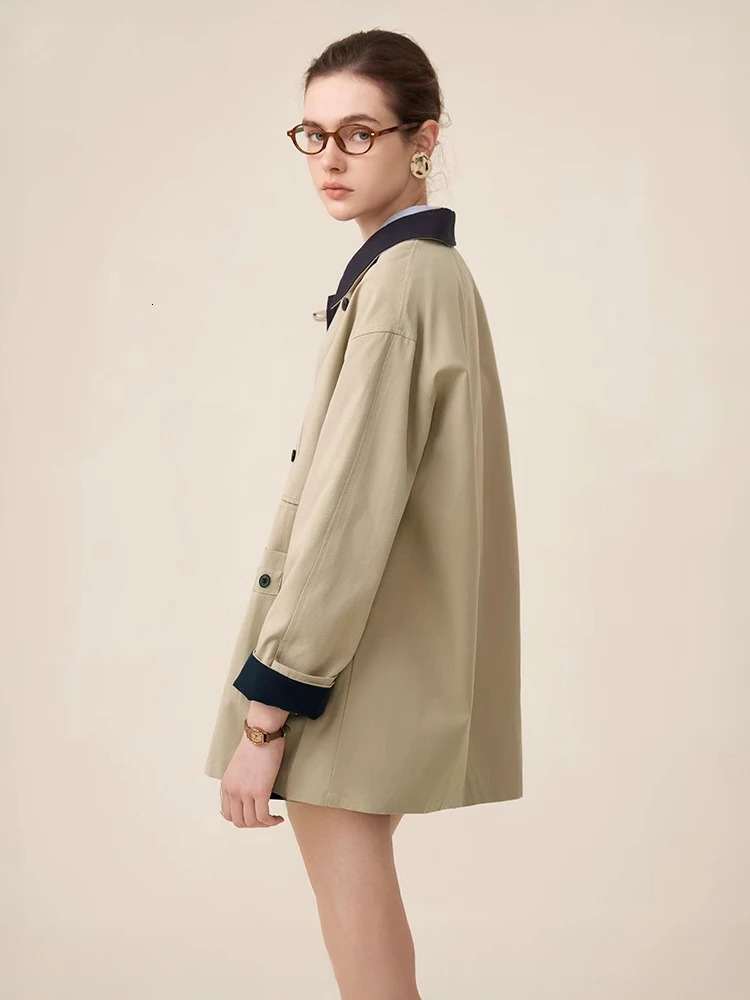 British Style Womens MidLength Trench Coat Contrast Collar Double Breasted Loose Fit Windbreaker Spring Casual Jacket 250728