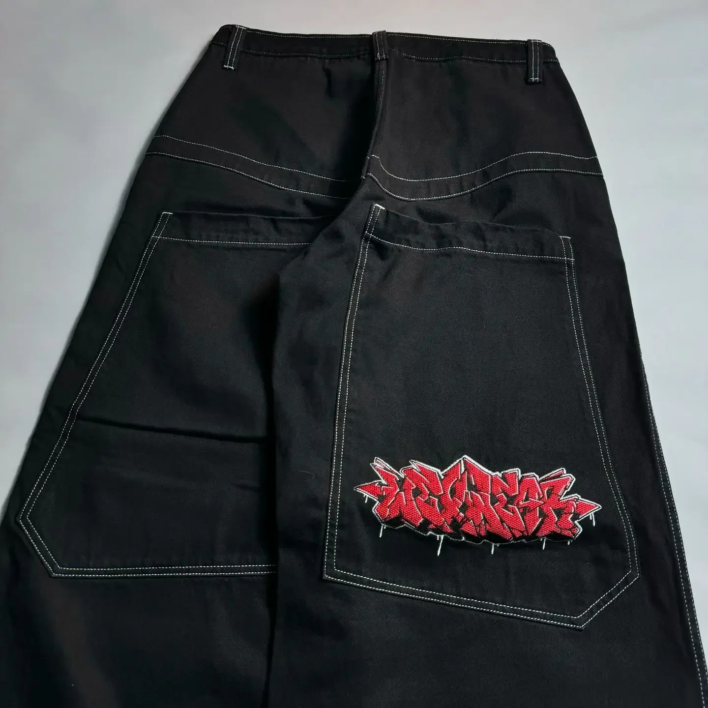 Harajuku Letter Embroidered Graphic Baggy Jeans Streetwear Y2K Jeans Men Women High Waist Wide Trouser Black Skateboard Pants 250728