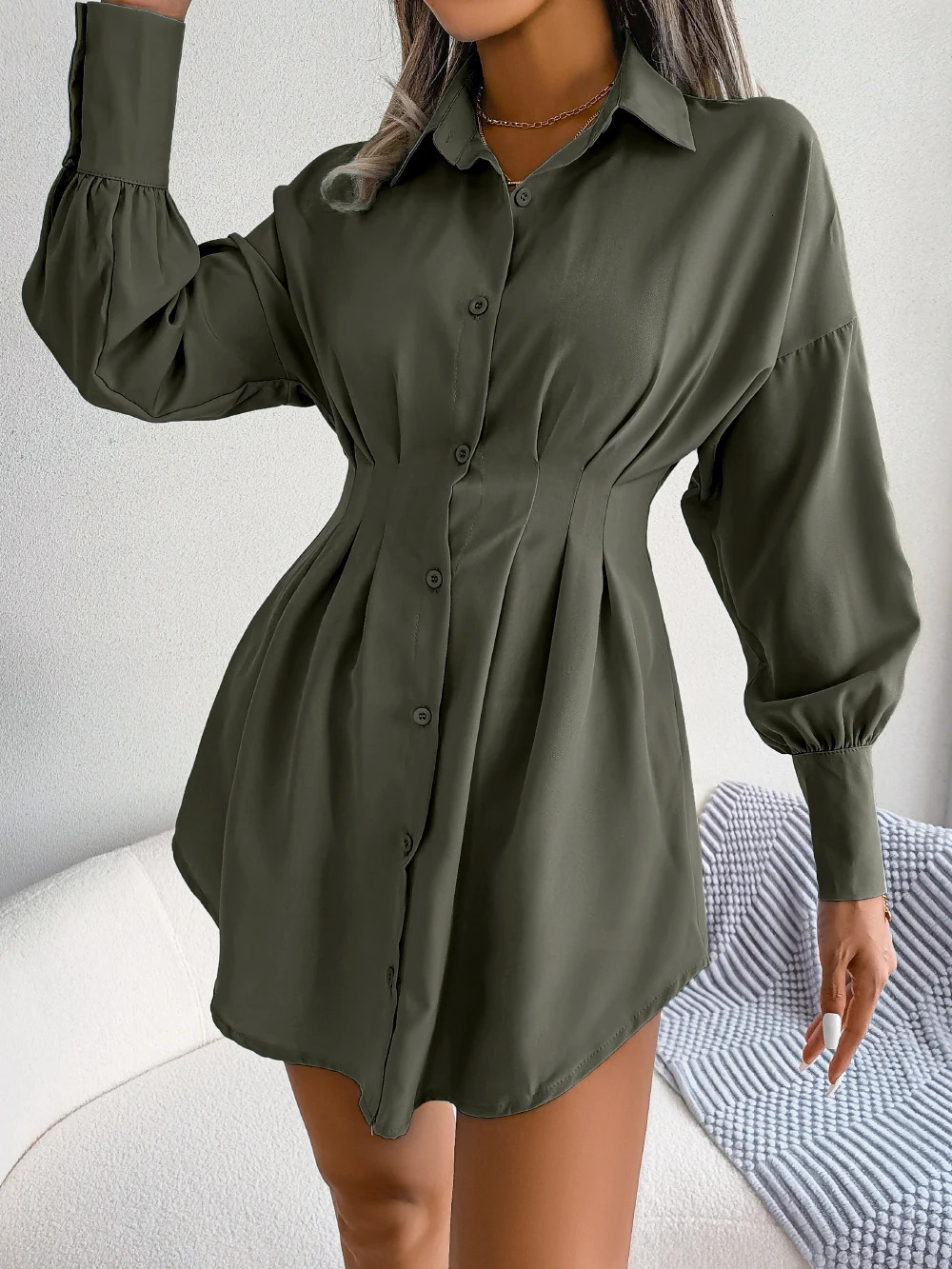 Women Casual Buttons Long Sleeve Shirt Dress Autumn Clothing White Blue Army Green 250728