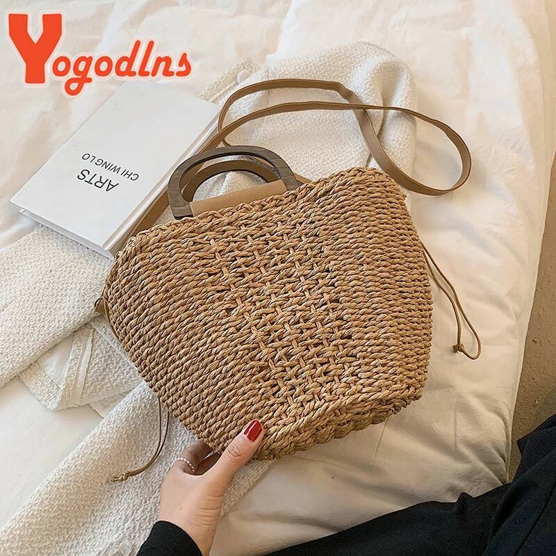 Summer Straw Bucket Female Large Capacity Beach Bags Rattan Handmade Crossbody Vacation Tote Woven Handle Bag