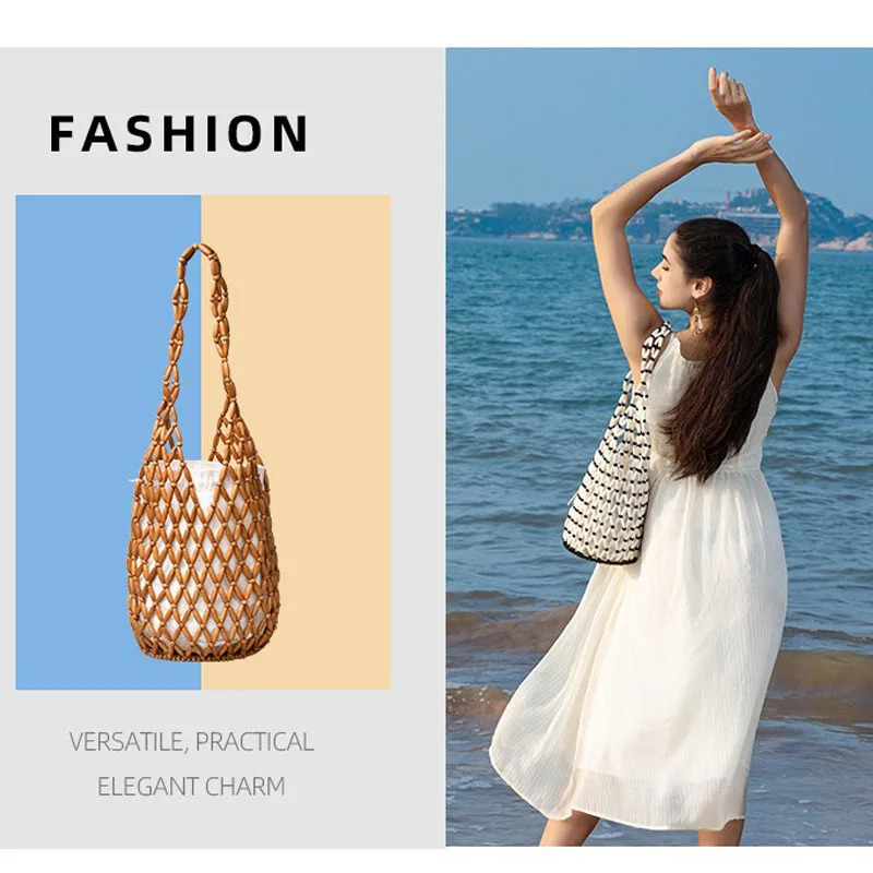 Women Woven Hand Bag Exquisite n Hollowout Wooden Bead Tote Bucket Shoulder Female Summer Beach Handbag 250725