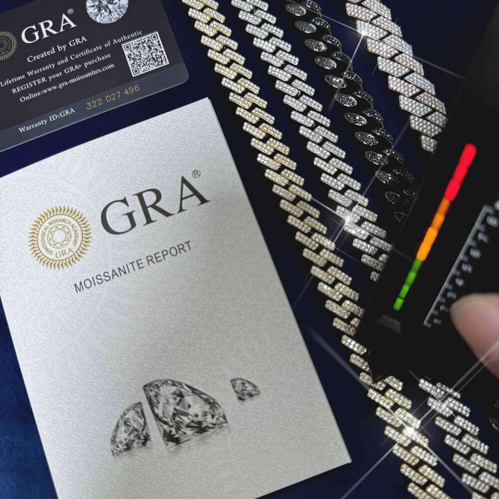 Hip Hop 8mm 10mm 12mm Iced Out Sterling Sier 2 Row Prong Setting Cuban Chain Moissanite