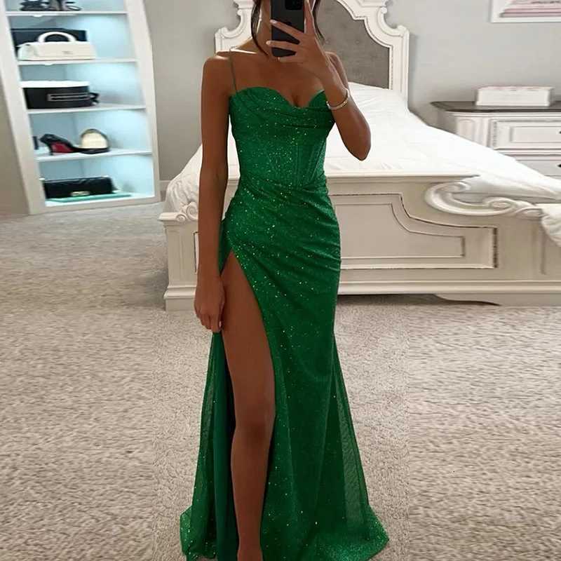 Elegant Corset Bodycon Slit Maxi Dresses Fashion Lady Shiny Backless Evening Dress Women Sexy Slim Spaghetti Strap Sequins Dress Z250728