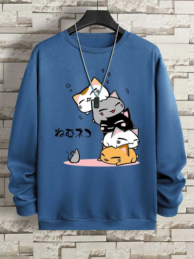 Cute Stacked Cat Sleep Clothing Mens Hoodie Hip Hop O-neck Sportswear Retro Casual Loose Hoodie Autumn New Loose Clothing W250408
