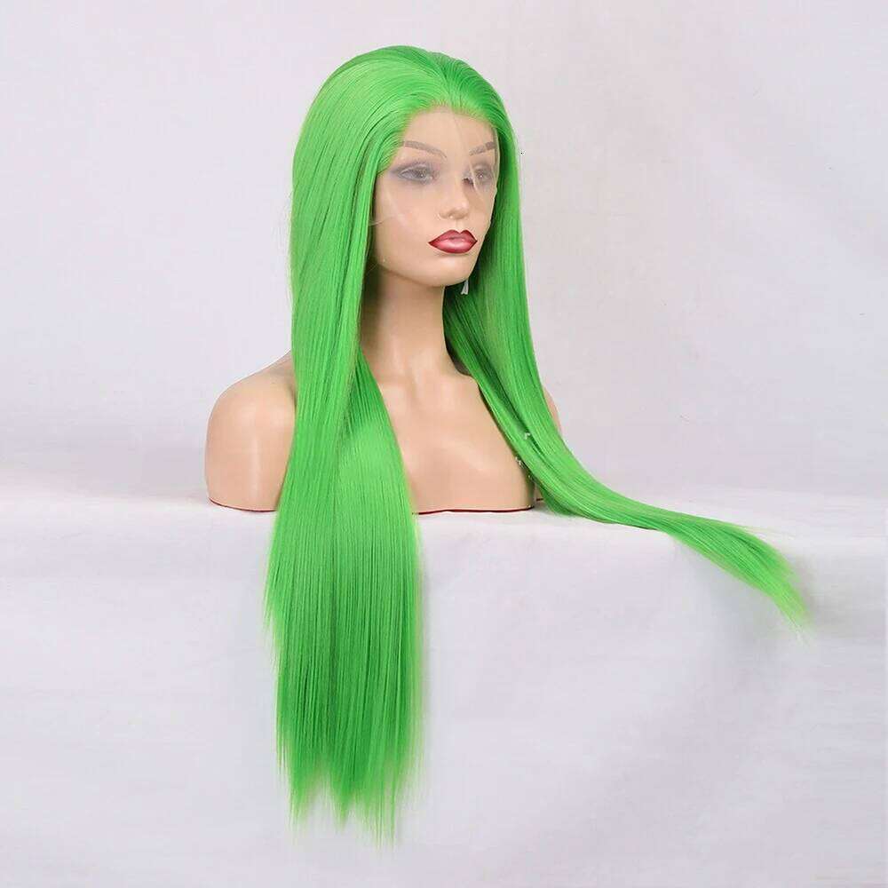 Grass Synthetic Front For Women Human Hair Long Straight Hair Glueless Lace Green Glueles Daily Wear Cosplay Wig