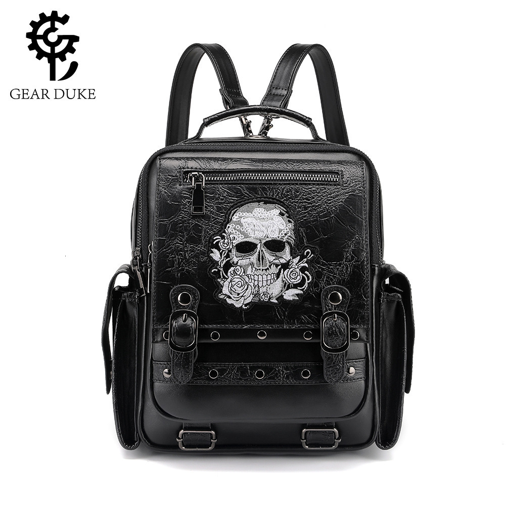 Gothic Style Large Capacity Women's Backpack Skull Embroidery Handbag Laptop Bag PU Leather ddmymoon